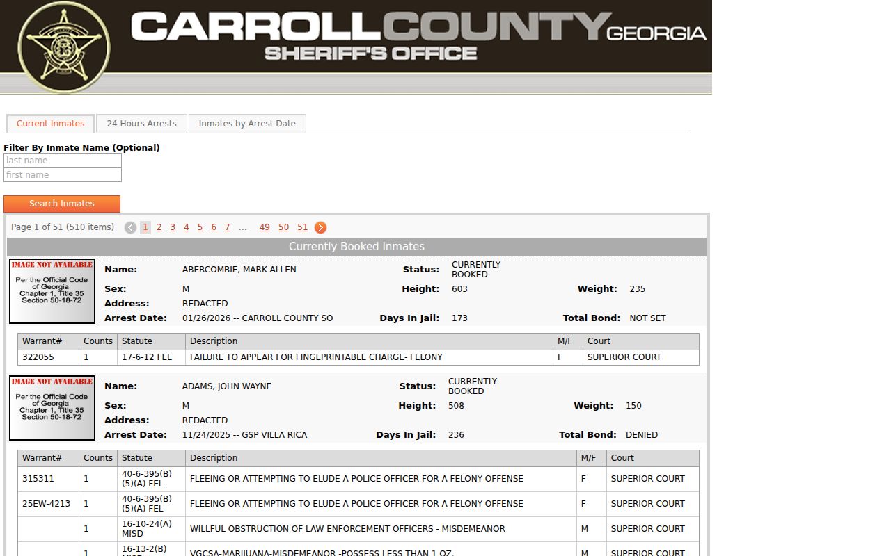 Carroll County criminal history jail and inmate search portal