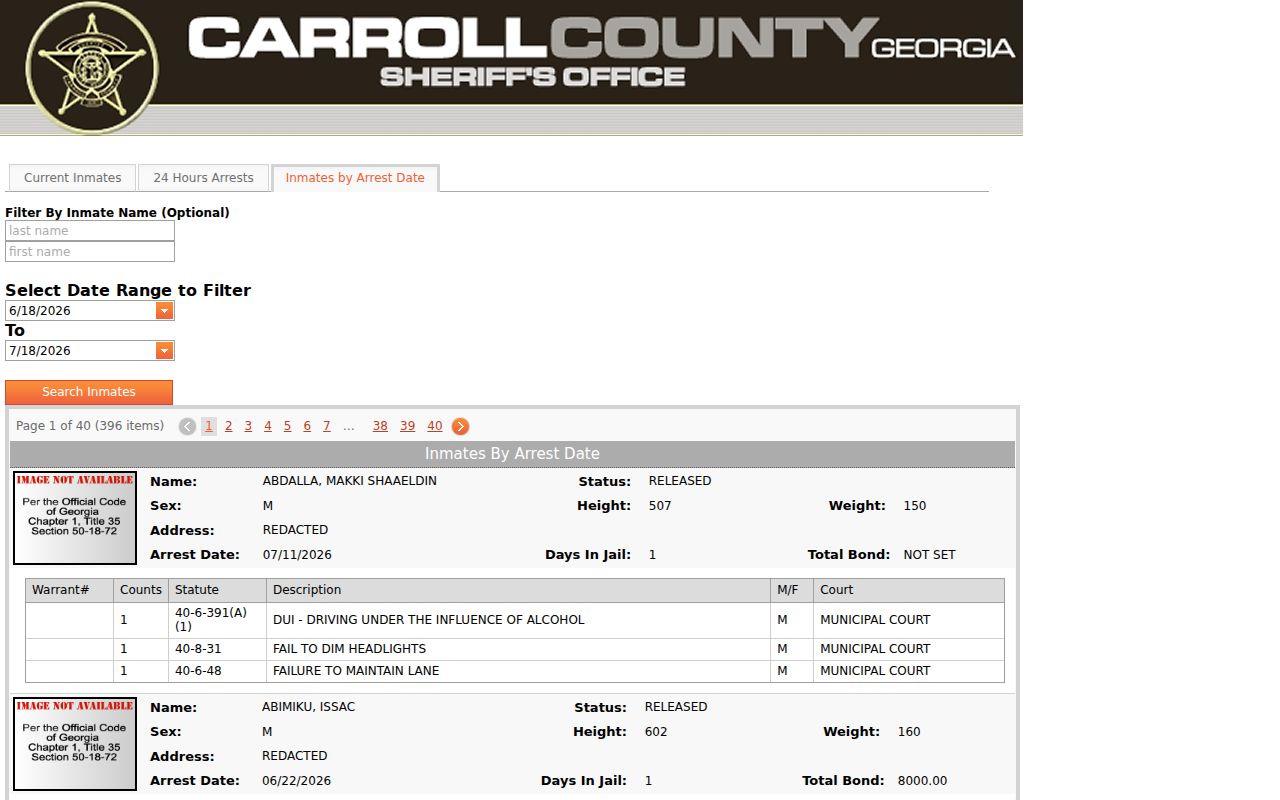 Carroll County arrest records arrest-date search