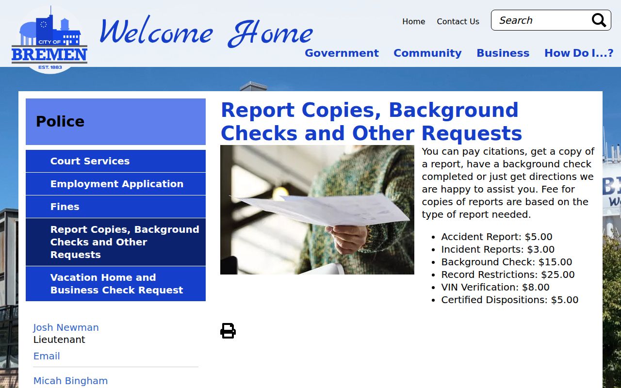 Bremen police report and criminal history fees